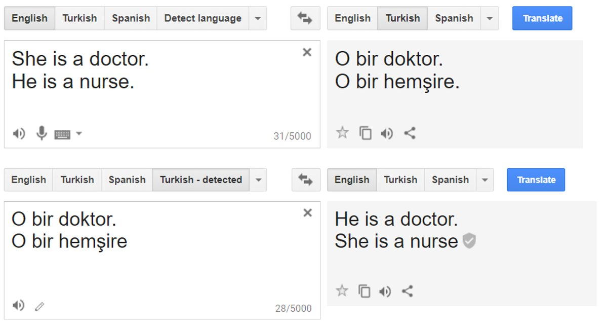 Figure showing gender bias in data sets used to train language models showing up in translations